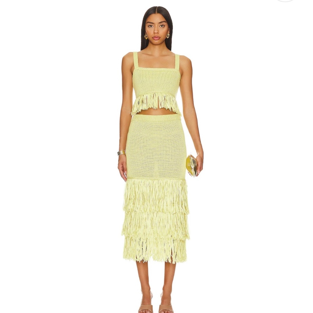 SAYLOR Lemon Fringe Knit Crop Top & Tiered Skirt Set